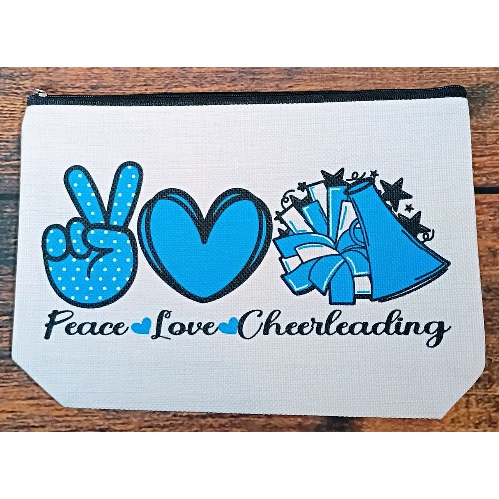 Peace Love Cheerleading Blue Canvas Makeup Bag Zipper Pouch Travel Toiletry Case